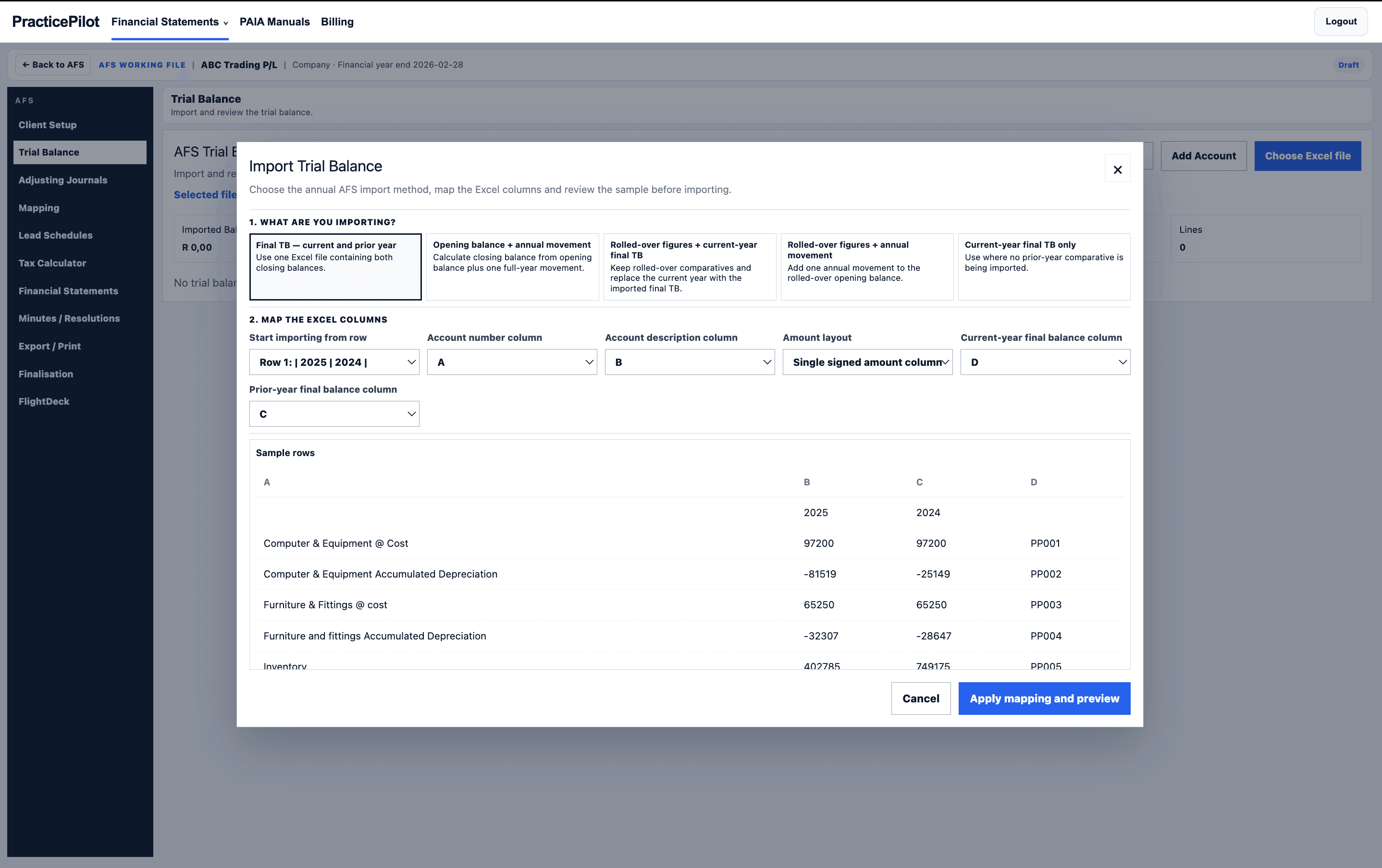 PracticePilot trial balance import options